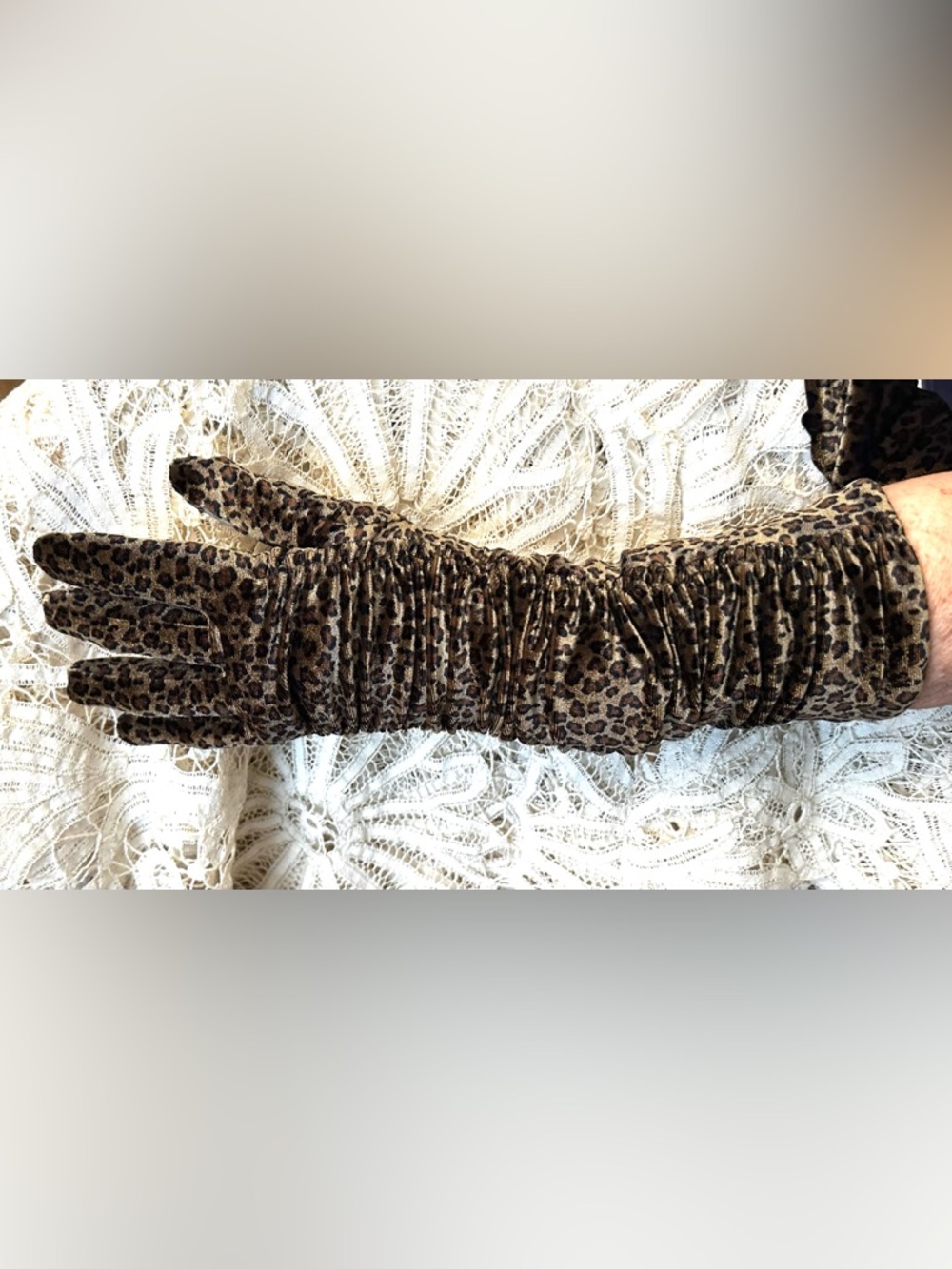 Leopard Print Long Lined Ruched Gloves - Stretches-fits Small  to Large hands